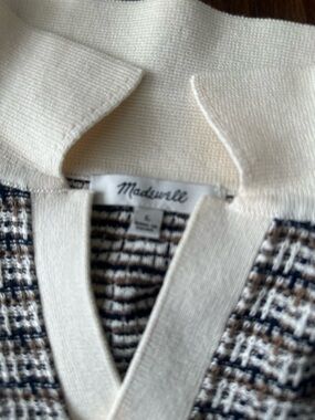 Madewell Cream Collar Knit Top with Navy & Brown Tweed Detail
